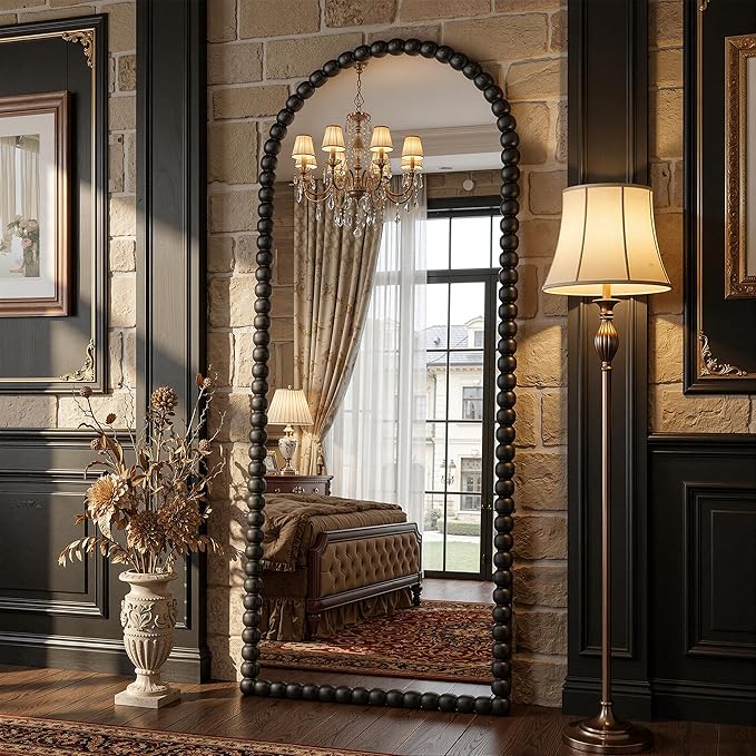 Antok 71" x 28" Arched Full Length Mirror, Antique Beaded Frame Floor Standing or Wall Mounted Mirror with Stand for Bedroom, Entryway, Black, Luxury Style