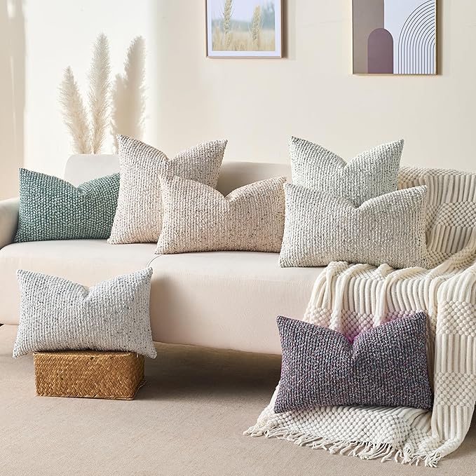 Allorry Decorative Couch Throw Pillow Covers 22x22 Purple Striped Soft Wool Pillow Covers Neutral Textured Boho Cushion Covers for Modern Farmhouse Sofa Bedroom Living Room Decor SY011-E22