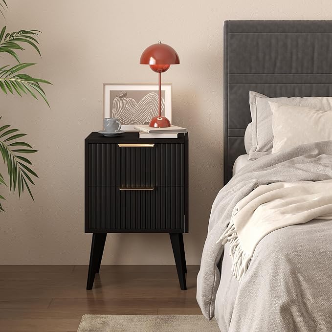 Small Black Night Stand,Mid Century Modern Bedside Table, Nightstand with 2 Drawers,Fluted Side Table with Wood Legs, End Table for Bedroom,Small Space,Black 11.8" D x 16" W x 22.4" H CTG55BK