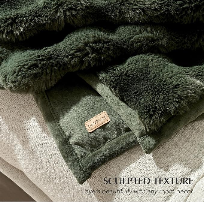 EverGrace Ultra Soft Luxury Fluffy Faux Rabbit Fur Throw Blanket, Thick Warm Bubble Throw for Bed, Cozy Plush Reversible Blankets for Couch, Chair, Sofa, Green, 60x80 Inches