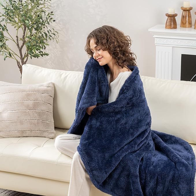 Berkshire Blanket Classic Extra-Fluffy™ Plush Throw Blanket, Soft Fuzzy Fluffy Long Hair Throw Blanket for Couch Sofa Bed, Atlantis Dark Blue, 50x60 Inches