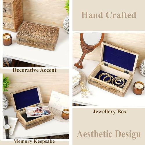 Ajuny Wooden Jewelry Box Tree of Life Carvings Travel Trinket Holder Storage Case Handmade Treasure Box Keepsake 8x5 Inch Multipurpose Organizer Unique Gifts for Men & Women