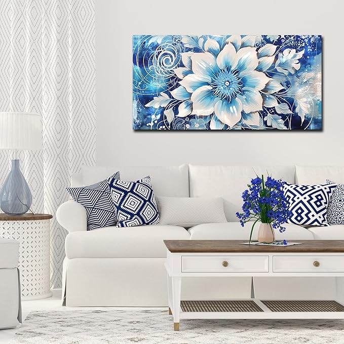 Flower Picture Wall Decor for Bedroom Large Blue Flower Canvas Wall Art for Office Framed Floral Wall Art for Living Room Ready To Hang Size 40 x 20 Inch