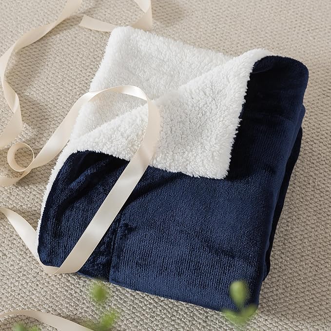 WDCOZY Sherpa Fleece Blankets Fuzzy Thick Warm Throw Blanket Super Soft Reversible Luxurious Fluffy Plush for Sofa Couch Bed Home Decor All Seasons Winter Blankets 108"x90" Navy Blue