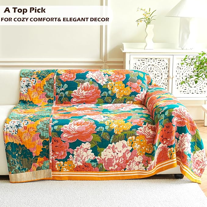 Boho Throw Blanket, 100% Organic Cotton Breathable Ultra Soft 60" x 80" Bed Quilt Throw - All Season Floral Rustic Farmhouse Decor Luxury Reversible Blanket for Sofa Couch Chair and Gift