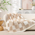 Snuggle Sac Checkered Blanket, Beige Throw Blanket for Couch Plaid Microfiber Fluffy Warm Cozy Fuzzy Soft Throw Blanket Reversible Checkerered Blankets for Sofa, Chair, Bed, 50x60 inches