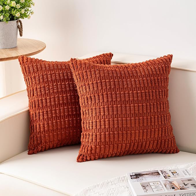 Aegero Pack of 2 Corduroy Decorative Throw Pillow Covers 22x22 Inch Soft Striped Pillow Covers Modern Farmhouse Home Decor for Sofa Living Room Couch Bed（Rust）