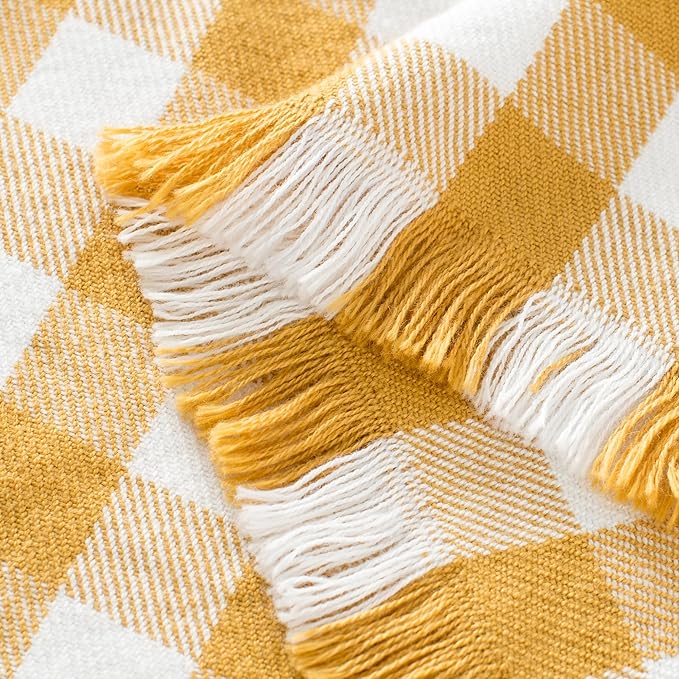 100% Cotton Throw Blanket Plaid Soft Lightweight Cozy Farmhouse Tassels Summer Thin Breathable Throws for Couch Sofa Bed (50" × 60" Yellow)