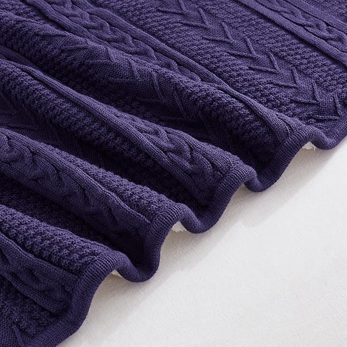 Longhui bedding Acrylic Cable Knit Sherpa Throw Blanket - Thick, Soft, Big, Cozy Knitted Fleece Blankets for Couch, Sofa, Bed - Large 60 x 80 Inches Coverlet All Season,Purple