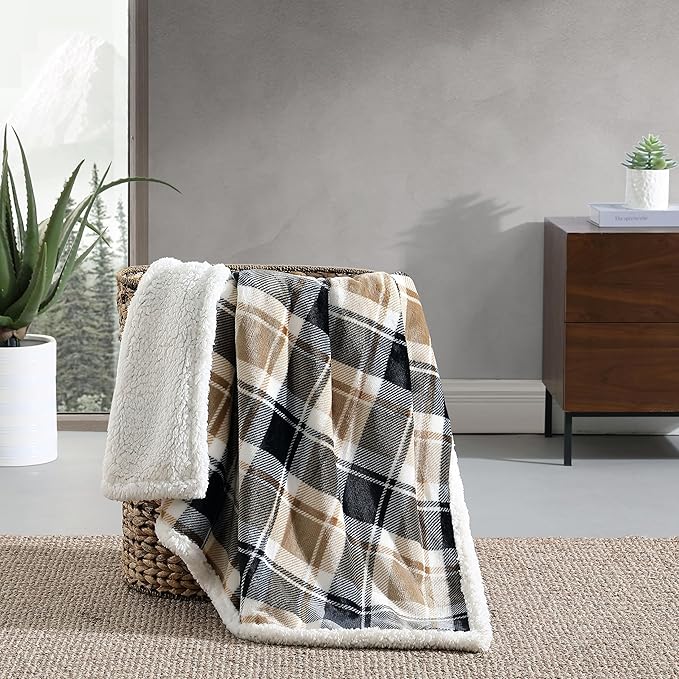Eddie Bauer - Throw Blanket, Brushed Fleece & Plush Sherpa Bedding, Blanket for Couch & Bed (Rugged Plaid Beige, 50" x 60")