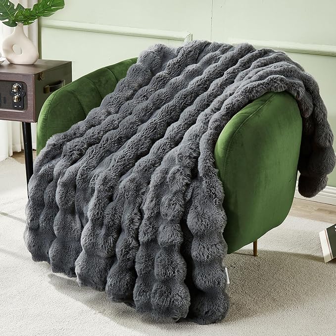 DREAMNINE Soft Fuzzy Bubble Faux Rabbit Fur Throw Blanket for Couch 50" x 60", Double Sided Long Shaggy Thick Warm Fluffy Blankets for Winter, Decorative Luxury Gray Cozy Plush Cute Furry Blanket,Grey