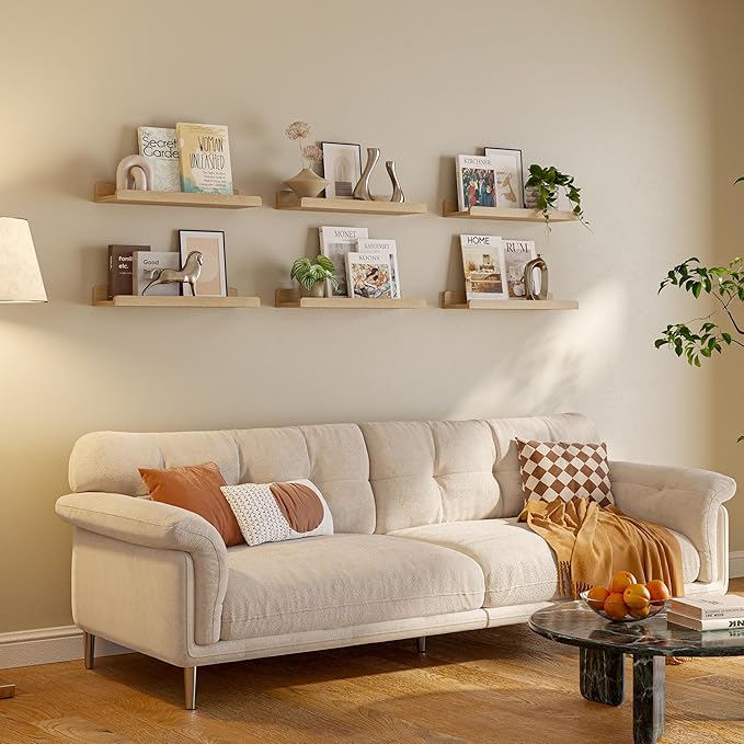 16’’Natural Floating Shelves for Wall Set of 6,Rustic Wood Shelf for Room Decor/Storage/Display,Small Bookshelf,Wall Mounted Hanging Shelves for Bedroom, Bathroom, Living Room, Kitchen