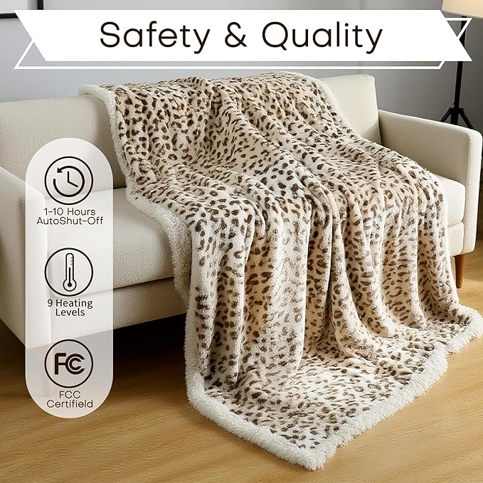 Electric Heated Blanket Twin Size 62"x84" - Microplush & Sherpa Fabric Dual-Sided, 9 Heat Settings & 10 Hours Auto Off, Cozy Warming Throw for Office or Bed, Machine Washable, Beige Leopard Print