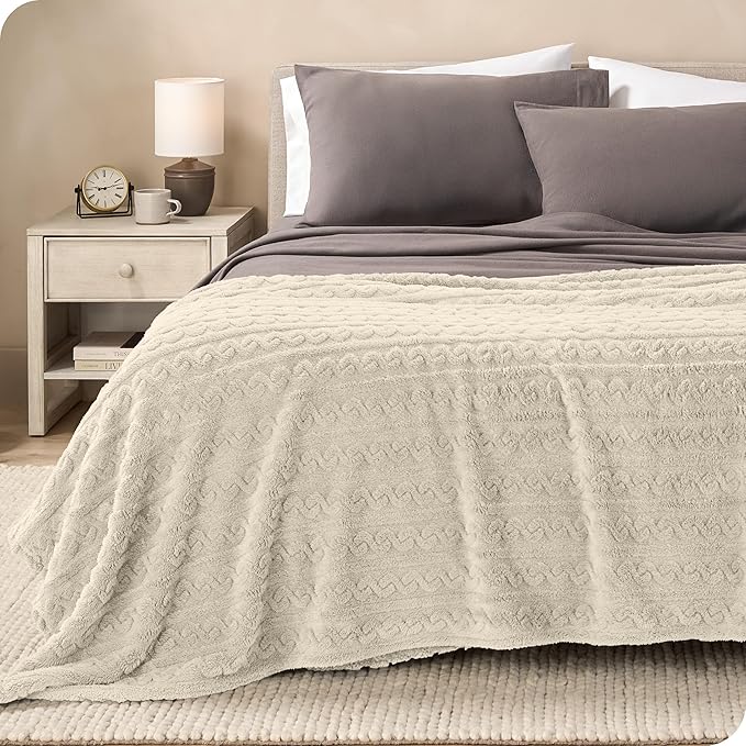 Bare Home Faux Shearling Blanket - Blanket for Bed, Sofa, Couch, Camping, Travel, and Gifts - Warm & Lightweight Throw - Fluffy & Soft (Twin/Twin XL, Cable Oyster)