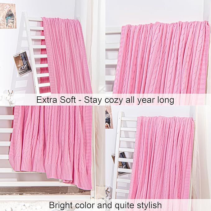 NTBAY 100% Pure Cotton Oversize (60x80) Cable Knit Throw Blanket, Super Soft Warm Knitted Throw Blanket for Bed, Sofa, Chair, Couch - Extra Cozy, Machine Washable, Comfortable Home Decor, Pink