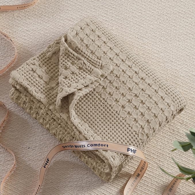PHF 100% Cotton Waffle Weave Throw Blanket, Soft Lightweight Breathable Cozy Throws for Couch Bed Sofa, Luxury Aesthetic Blanket Gift for Home Decor & Office, 50"x60", Taupe