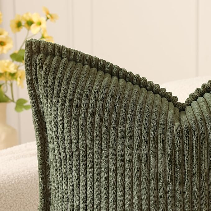 Mecatny Corduroy Throw Pillow Covers 26x26 Set of 2, Neutral Decorative Soft Boho Couch Pillow Covers with Broadside for Sofa Living Room, Olive Green