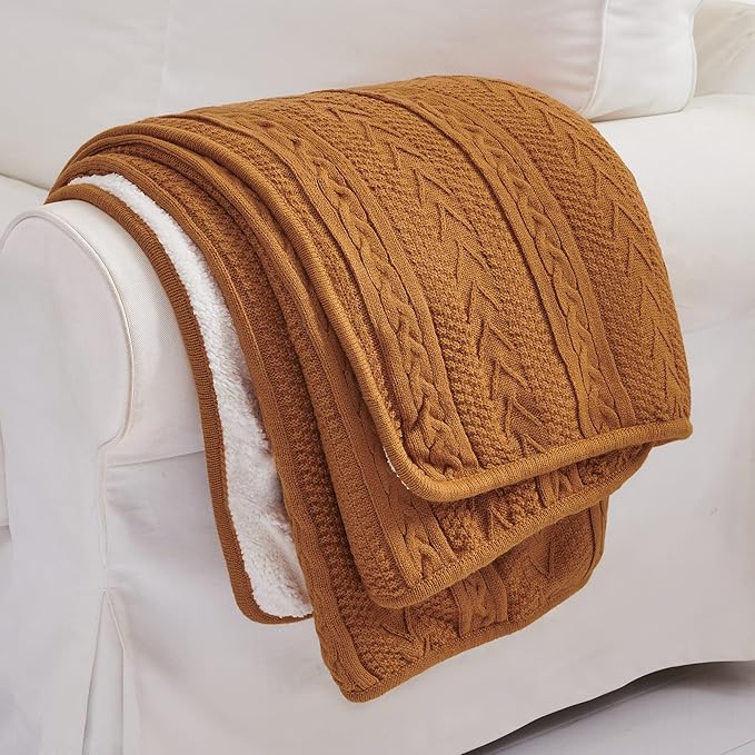 Longhui bedding Acrylic Cable Knit Sherpa Throw Blanket - Thick, Soft, Big, Cozy Burnt Orange Knitted Fleece Blankets for Couch, Sofa, Bed - Large 60 x 80 Inches Coverlet All Season