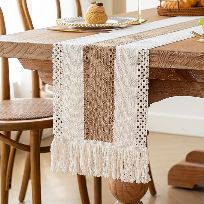 FEXIA Boho Table Runner for Fall Home Decor with Tassels 72 Inches Long Farmhouse Rustic Table Runner Macrame Burlap Table Decoration for Living Room Bridal Shower(12x72 Inches)