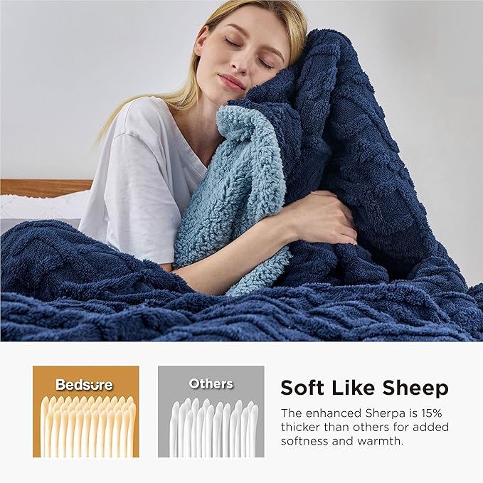 Bedsure Gentlesoft Sherpa Queen Size Blanket for Bed - Fleece Fluffy & Cozy Cable Jacquard Tufted for Women Gift, Thick and Warm Christmas Blanket for Winter, Navy, 90x90 Inches
