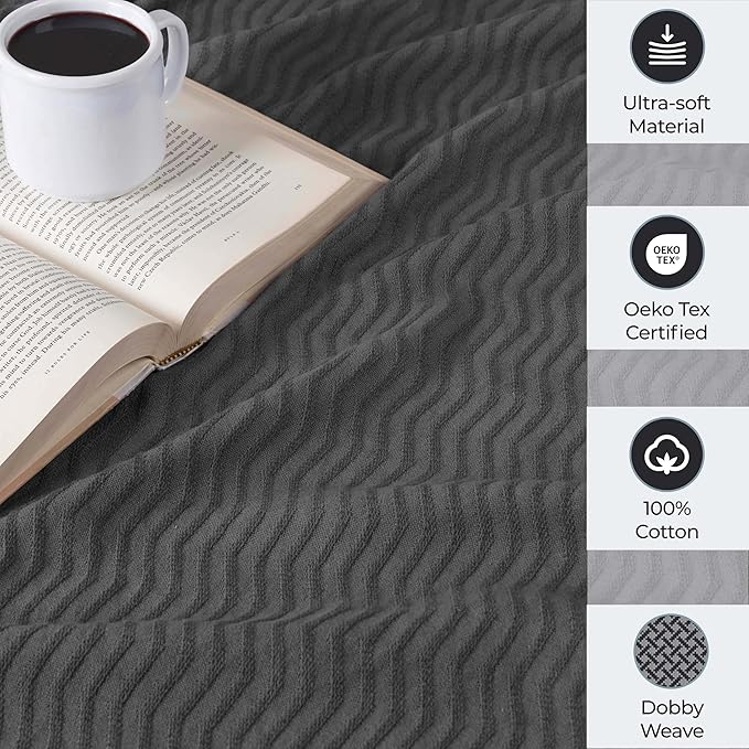 Superior JENA Cotton Blanket, for Picnic, Beach, Traveling or Camping, Bedroom Decor, Essentials, Cover for Bed, Couch, Lounging, Textured Jacquard, Modern Chevron Woven Blanket, Full/Queen, Charcoal