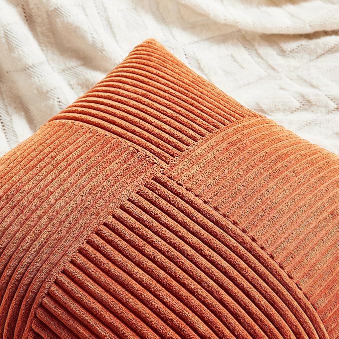 Fancy Homi Set of 2 Burnt Orange Lumbar Decorative Throw Pillow Covers 16x28 Inch for Living Room Couch Bed, Boho Farmhouse Fall Home Decor, Soft Corduroy Corss Patchwork Cushion Case 40x70 cm