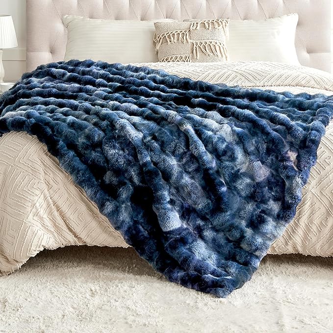 Luxury 1000GSM Faux Rabbit Fur Throw Blanket, Super Heavy Warm Cozy Blankets for Couch Bed Sofa, Bubble Plush Fuzzy Elegant Soft Reversible Mink Blanket for Living Room Bedroom, Tie-dye Blue