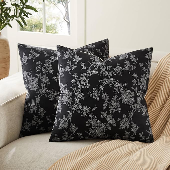 100% Cotton French Pastoral Throw Pillow Covers Set of 2, 20x20 Inch Background/Black Farmhouse Decorative Cushion Covers for Sofa Bed Living Room Home Decor