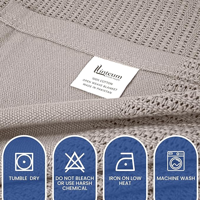 Linteum Textile Supply Leno Weave Taupe Blanket, Queen 100% Cotton, Lightweight, Warm, Fluffy, Premium and Durable Soft & Cozy Bed Blanket for Home, Couch, Sofa & Dorm, All Season Throw [90x90]