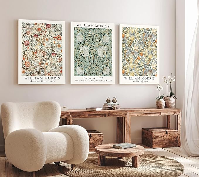 Induslyfe Large Framed Flower Wall Art Canvas Decor Set of 3, William Morris Wall Art Framed Prints Mid Century Modern Art, Aesthetic Floral Botanical wall art for bedroom living room bathroom 18x24