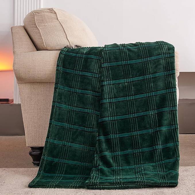 Super Soft Flannel Queen Blanket 90x90 Inches, Premium Checkered Jacquaed Silky Fleece Lightweight Bed Blanket All Season Use, Dark Green Strip, 90"x90"