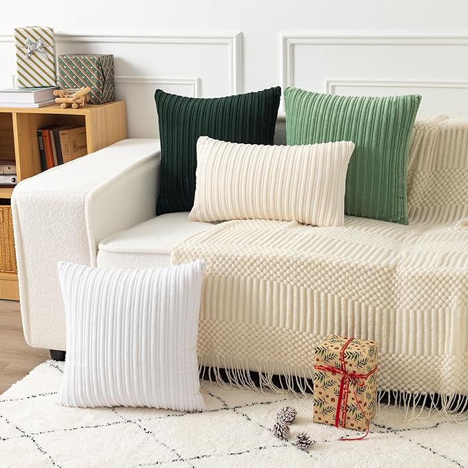 UGASA Velvet 20x20 Inch Soft Throw Pillow Covers Decorative Striped Corduroy Both Sides Solid Square Cushion Cases Boho Farmhouse for Couch Bedroom Sofa Home, Pack of 2, Dark Green