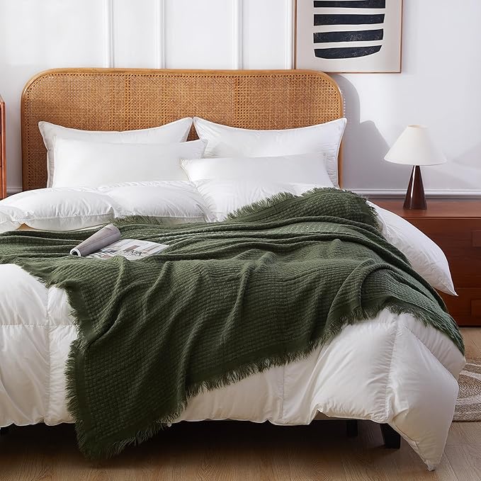 100% Acrylic Decorative Knitted Throw Blanket with Tassels for Bed, Couch, Small, Chairs, Lightweight, Soft, Cozy, Waffle Textured Blanket, Suitable for Spring, Summer, Mossy Green, 50"x60"