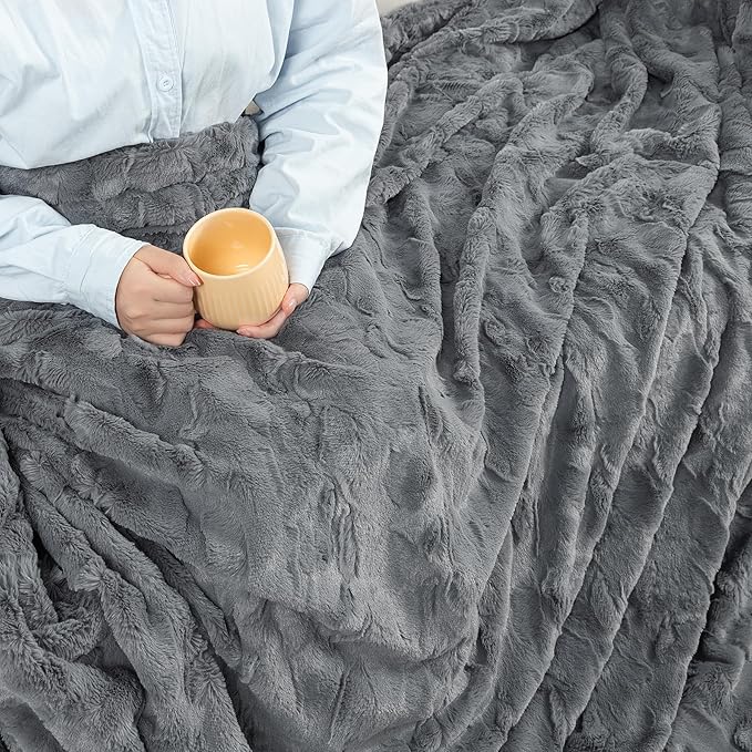TOONOW Faux Fur Luxury Throw Blanket,Double Side Soft Fluffy Shaggy Fuzzy Blanket for Couch Sofa Bed (Light Grey, X-Large Twin Size)
