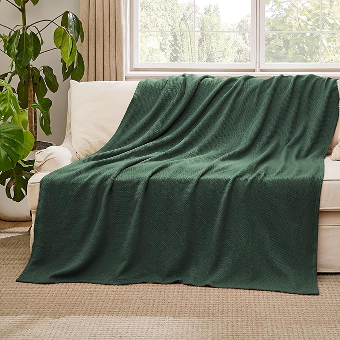 Bedsure GentleSoft 100% Cotton Large Throw Blanket for Couch 50x70 inches - Breathable and Lightweight, Soft Cozy Herringbone Woven Cotton Throw for Summer, Dark Green Office Chair Blanket