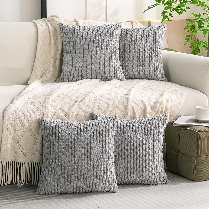 Set of 4 Grey Decorative Throw Pillow Covers 16x16 Inch Corduroy Pillow Covers for Bed Couch Sofa Living Room Soft Square Cushion Cases