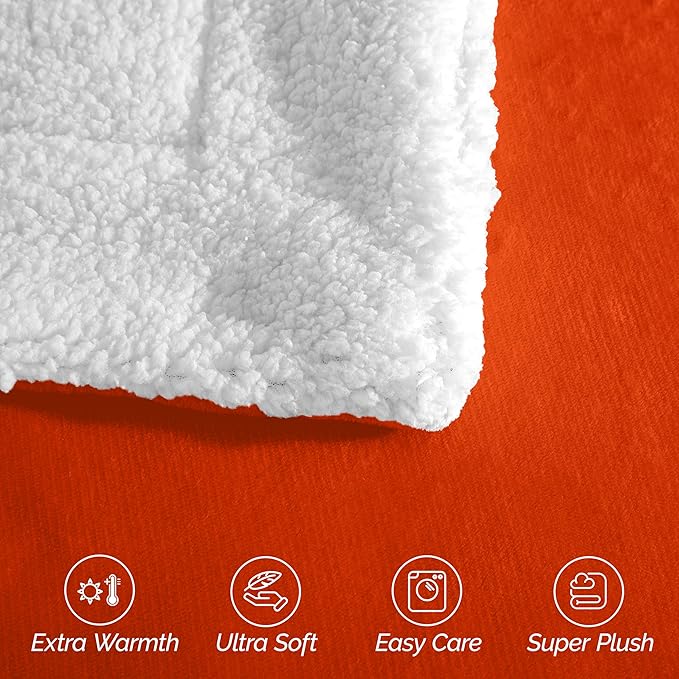 Elegant Comfort Ultra Soft Reversible Flannel Sherpa Blanket - Cozy Silky Fleece Throw for Couch, Bed - Plush Fuzzy Warm Winter Blanket for Gift, Full, Orange
