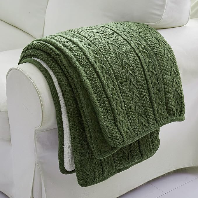 Longhui bedding Olive Green Acrylic Cable Knit Sherpa Throw Blanket - Thick, Soft, Big, Cozy Knitted Fleece Blankets for Couch, Sofa, Bed - Large 60 x 80 Inches Coverlet All Season