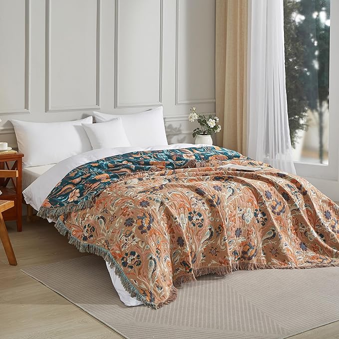Boho Throw Blanket for Bed 90”x98”, 100% Cotton Woven Blanket for Couch Sofa, Ultra Soft 4-Layer Muslin Quilt with Floral Printed, Farmhouse Bed Blanket/Cover for Living Room Decor