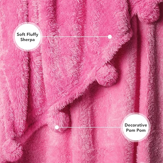 Pavilion Pink Sherpa Throw Blanket, Warm Plush Fuzzy Pom Pom Blanket for Couch, Sofa Throw, Lightweight Soft, Cozy Fluffy Blanket, Hot Pink, 50x60