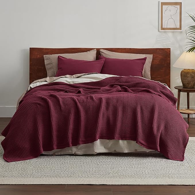 Bedsure Gentlesoft 100% Cotton Blanket King Size for Bed - Breathable and Soft for Spring Summer, Thick Cozy Waffle Weave Blanket Gifts for Women, Red, 104x90 inches