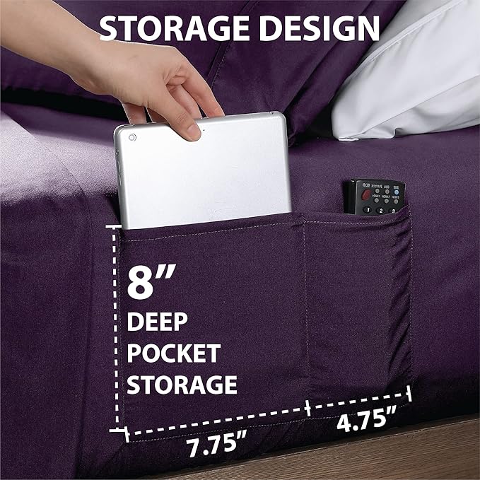 Swift Home Smart Sheets, Ultra Soft Brushed Microfiber 4-Piece Sheet Set, Fitted Bed Sheet with Side Storage Pockets – Eggplant, King