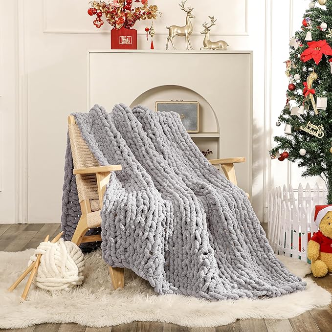 WESHIONGOO Chunky Knit Blanket Throw 51"×63" Knitted Throw Blankets for Couch Bed Fluffy Soft Blanket with Jumbo Chenille Yarn Thick 100% Handmade (Lingt Grey)