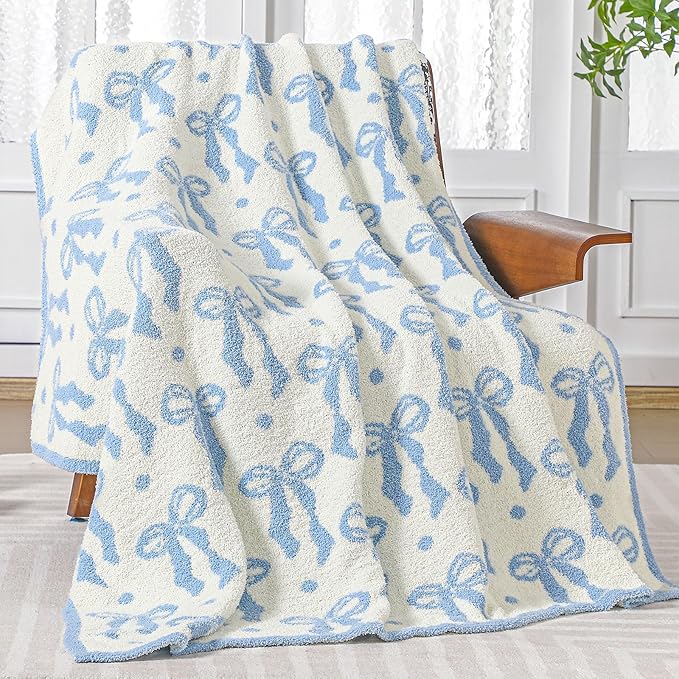 Buryeah Blue Bow Blanket Soft Microfiber Double Sided Bow Throw Blanket 50"x 60" Coquette Aesthetic Plush Bedding Stuff Sofa Chair Dormitory Room Decor for Women, Wedding Bridesmaid Gifts, Mother