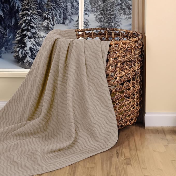 Superior JENA Cotton Blanket, for Picnic, Beach, Traveling or Camping, Bedroom Decor, Essentials, Cover for Bed, Couch, Lounging, Textured Jacquard, Modern Chevron Woven Blanket, Full/Queen, Khaki