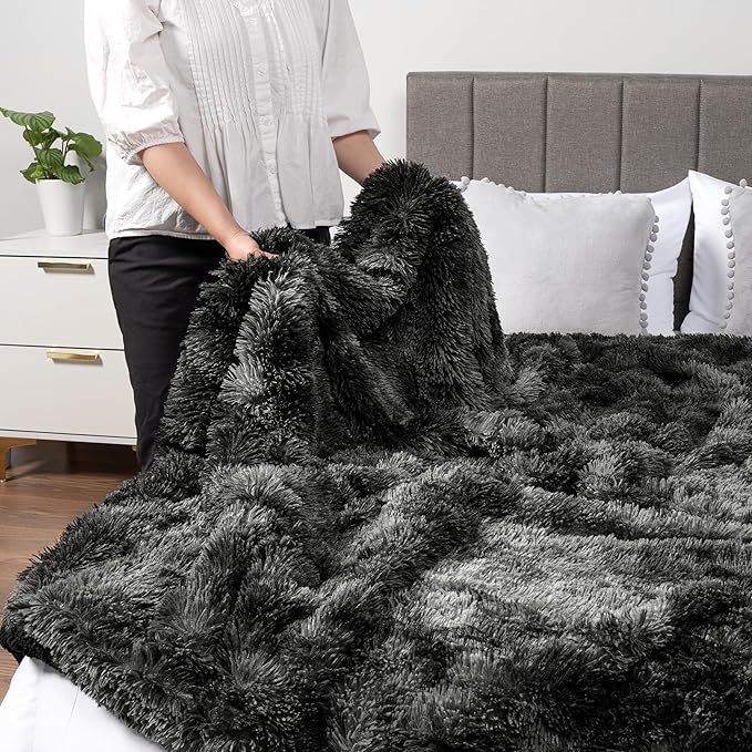 Pavilia Black Fluffy Throw Blanket, Fuzzy Plush Warm Blanket for Couch, Bed, Sofa - Super Soft Thick Faux Fur Sherpa, Tie-Dye, 50x60