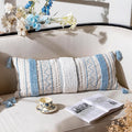 BlissBlush 14x36 Lumbar Pillow Cover for Bed, Rectangular Long Decorative Throw Pillowcase, Boho Accent Cushion with Blue Tufted Pattern and Tassels, Cream Neutral (Cover Only)