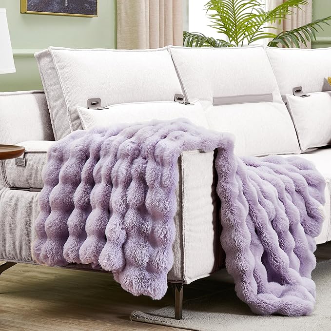 JONIYEAR Soft Fuzzy Bubble Faux Rabbit Fur Throw Blanket 50" x 60", Reversible Aesthetic Warm Thick Fluffy Blanket for Winter,Luxury Cozy Puffy Shaggy Plush Furry Blankets for Couch Sofa, Lilac Purple
