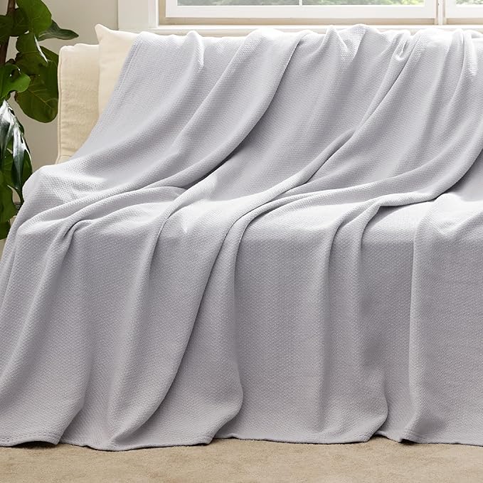 Bedsure GentleSoft 100% Cotton Blanket Full Size for Bed - Breathable and Lightweight, Soft Cozy Textured Herringbone Woven Blanket for Summer Spring, Cool Grey, 80x90 inches