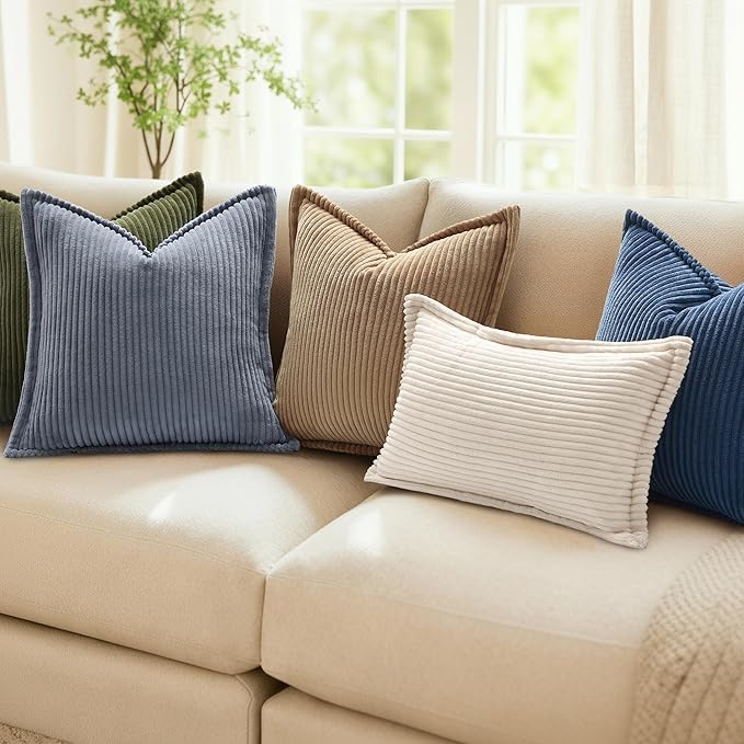 Mecatny Corduroy Throw Pillow Covers 12x20 Set of 2, Neutral Decorative Soft Boho Lumbar Couch Pillow Covers with Broadside for Sofa Living Room, Blue Grey